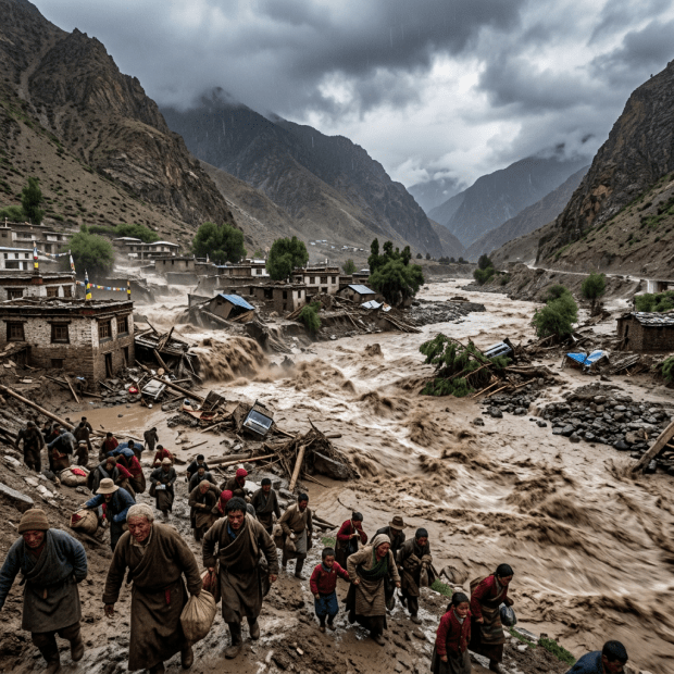 Residents evacuate a flooded mountain village beside a raging river